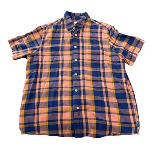 NWOT ROWM Size Large 100% Cotton Short Sleeve Plaid Shirt Peach Navy Blue Collar
